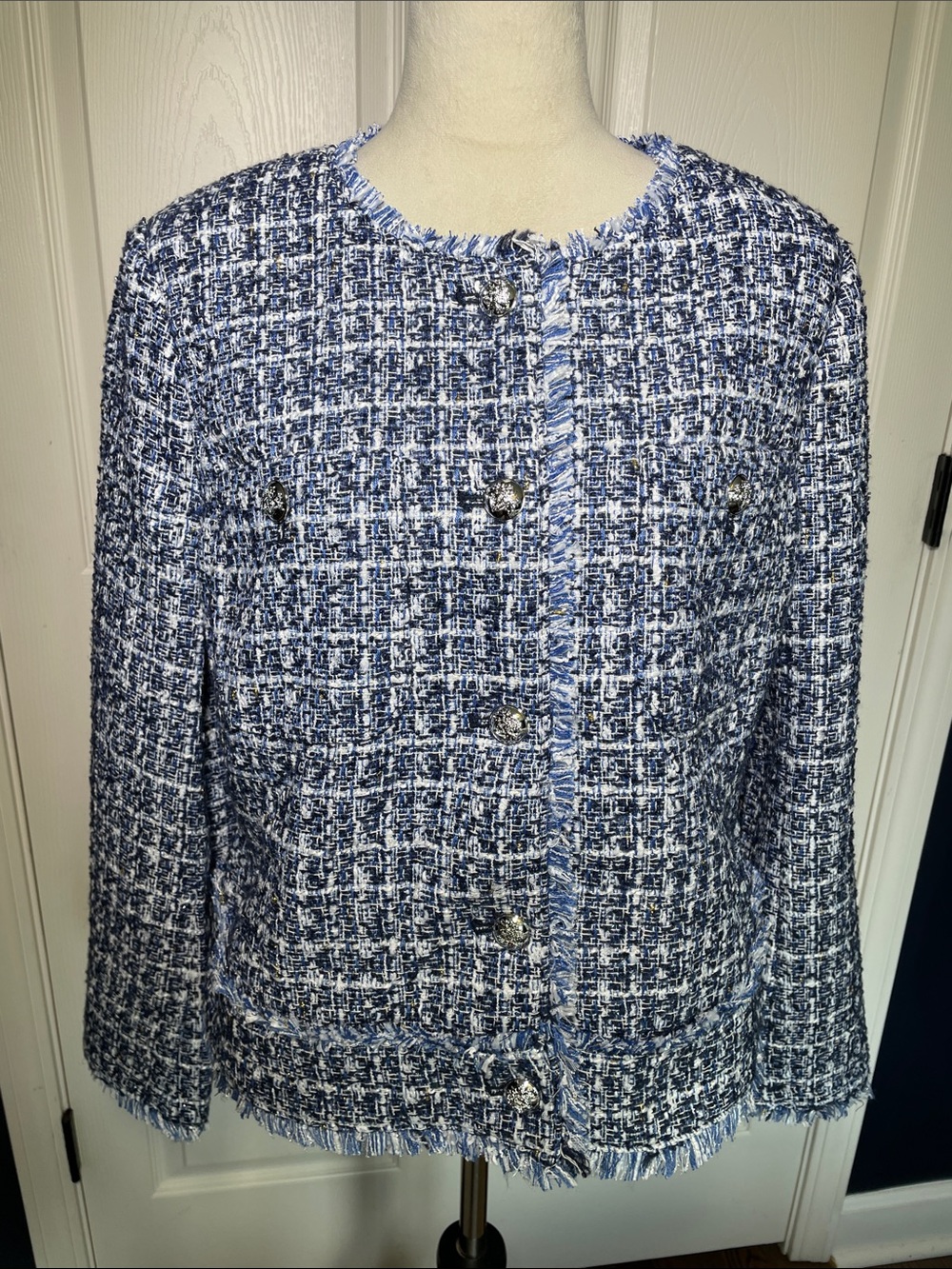 NWOT Dennis Basso Blue Bouclé Tweed Collarless Fringe Trim Jacket Coat Size 14